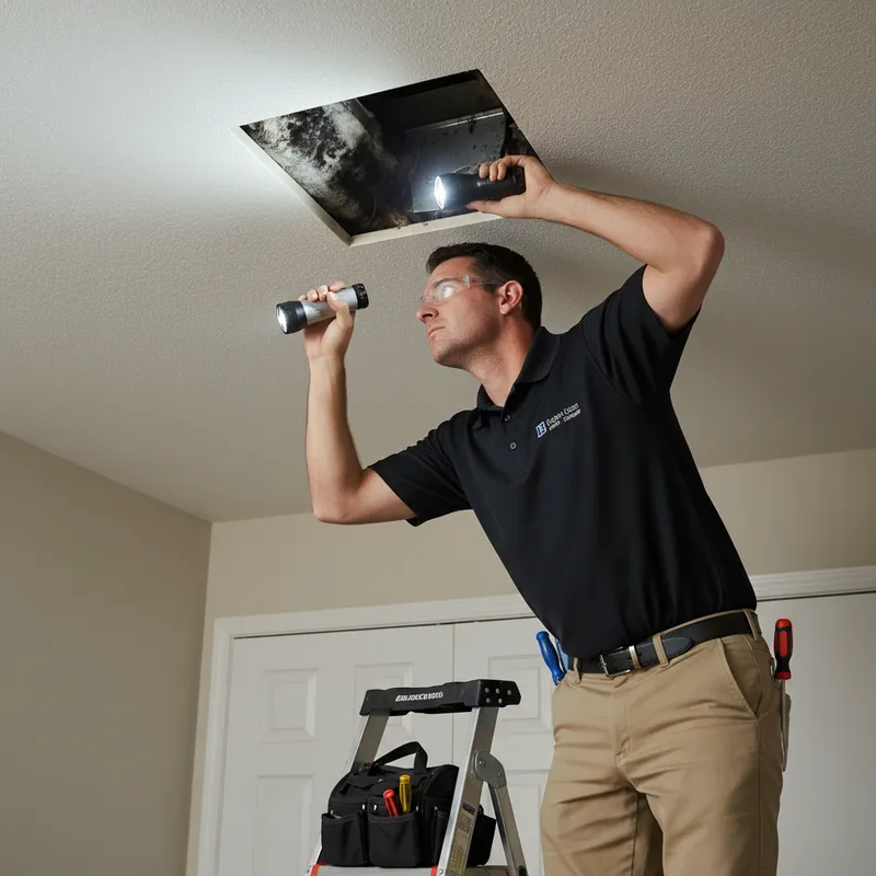 HVAC technician inspecting mold inside air duct with flashlight