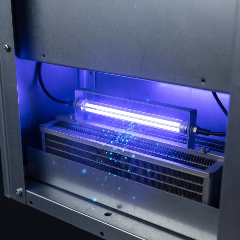 UV germicidal light glowing blue-purple inside air handler killing mold and bacteria