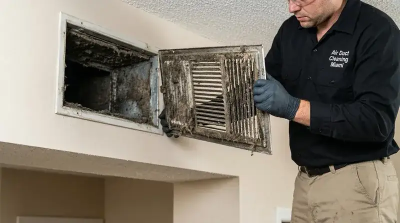Licensed HVAC technician cleaning dryer vent with professional rotary brush equipment in Fort Lauderdale home