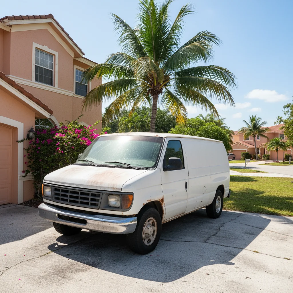Unmarked plain white cargo van used by unlicensed scammer HVAC operators — no company name, no CAC license number, no branding