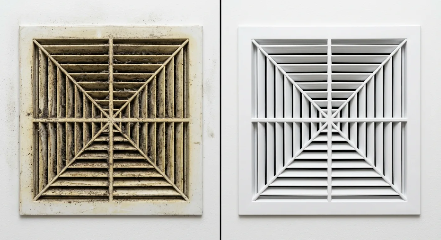 AC vent cover before and after professional cleaning — dirty yellowed vent versus bright white restored vent