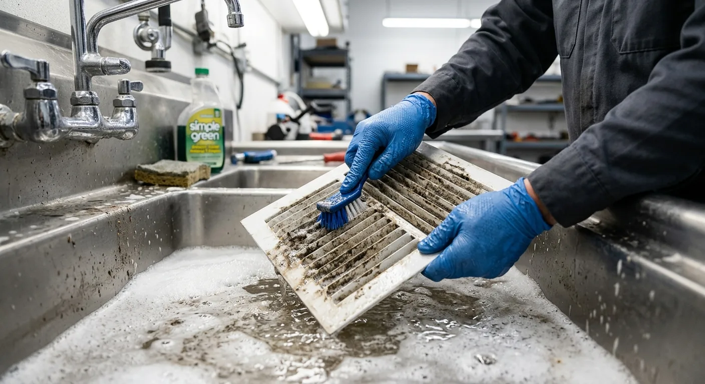 HVAC technician scrubbing a dirty AC vent cover in a sink with soapy water during professional vent cleaning