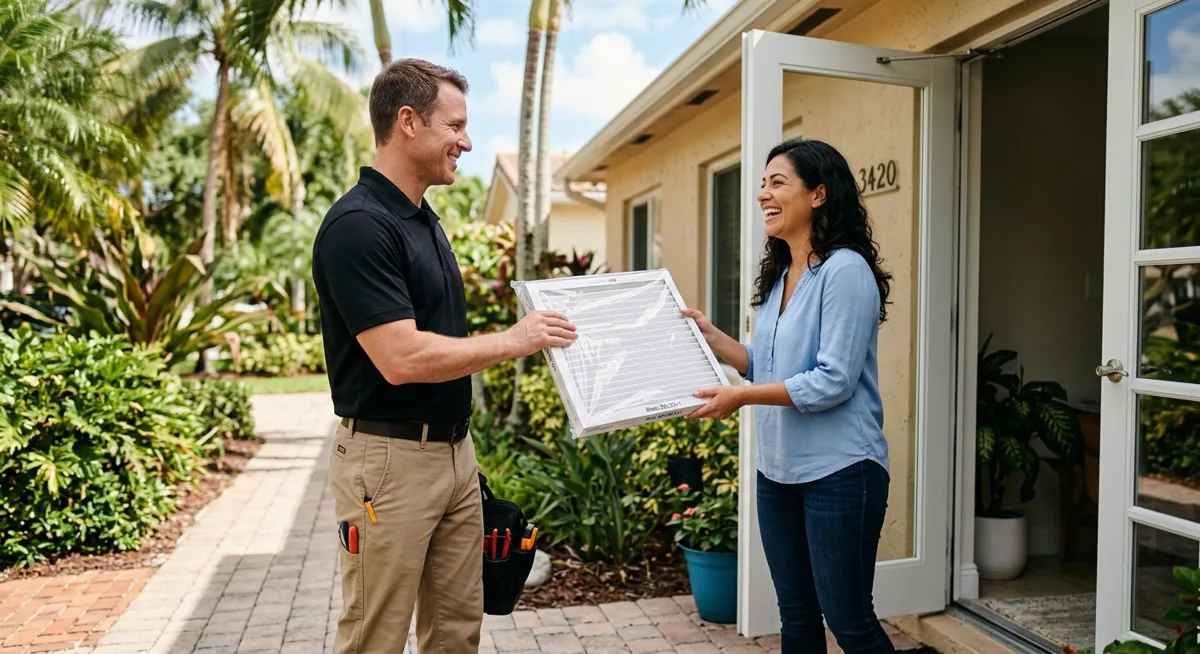 Licensed HVAC technician delivering AC filters to a Miami homeowner