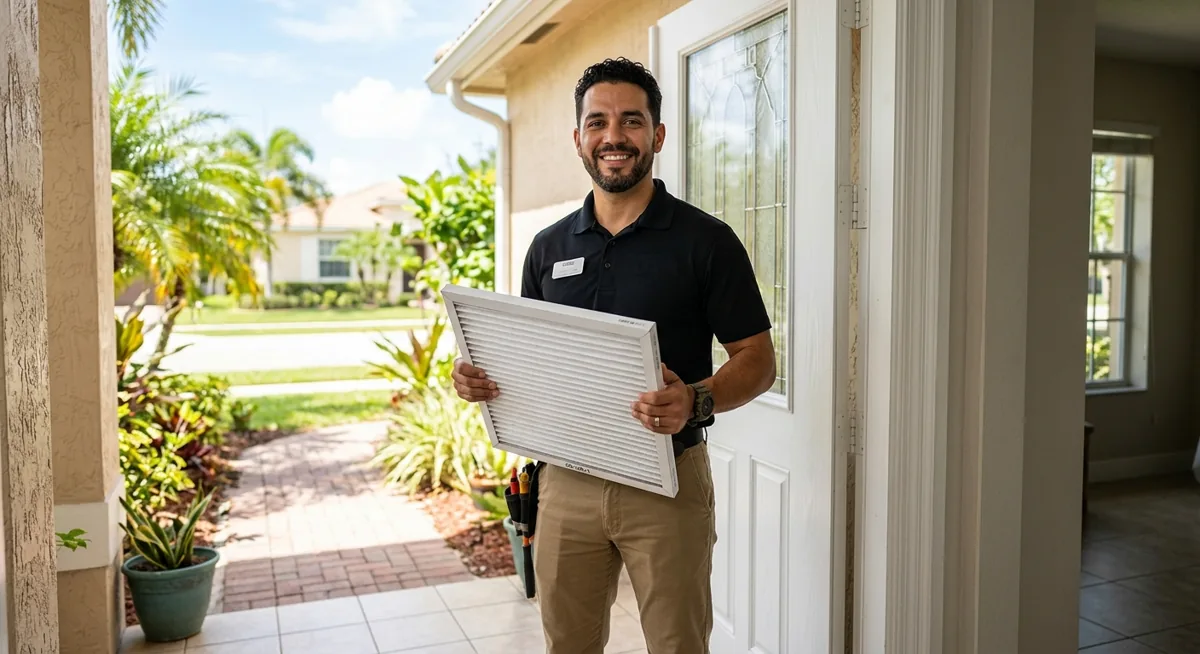 Air Duct Cleaning Miami technician delivering an air filter to a Miami home