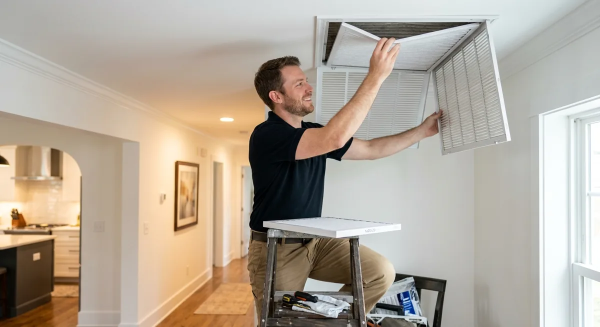 Licensed HVAC technician installing a pleated AC air filter in an air handler